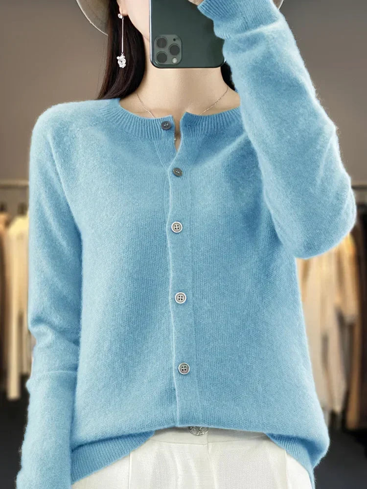 Damen-Strickcardigan aus 100 % Merinowolle mit Rundhalsausschnitt für den Frühling