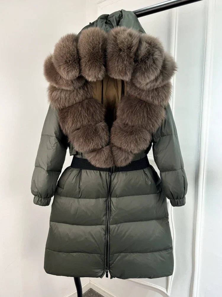 Langer Damenparka Ivy — 90 % weiße Entendaunen, Fuchspelzkragen