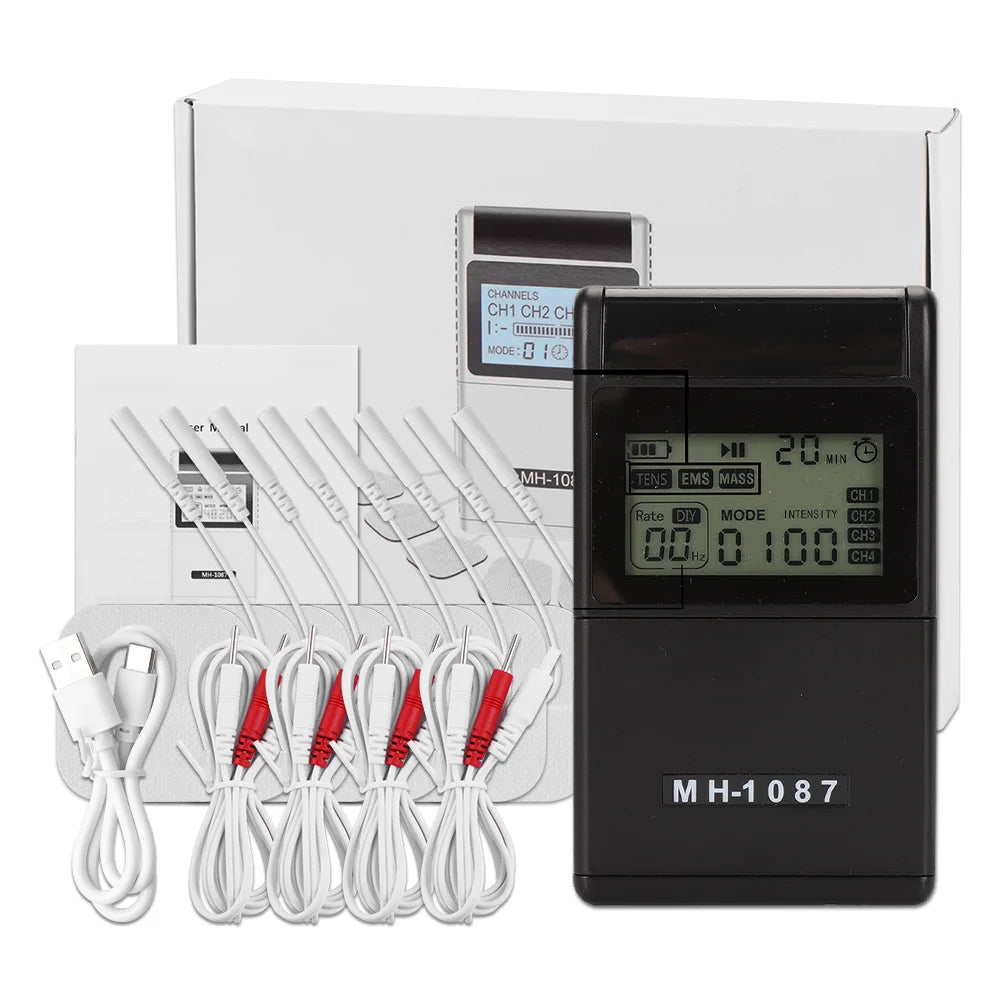 Eletroestimulador muscular TENS/EMS de canal duplo — intensidade ajustável, dois canais independentes, elétrodos adesivos