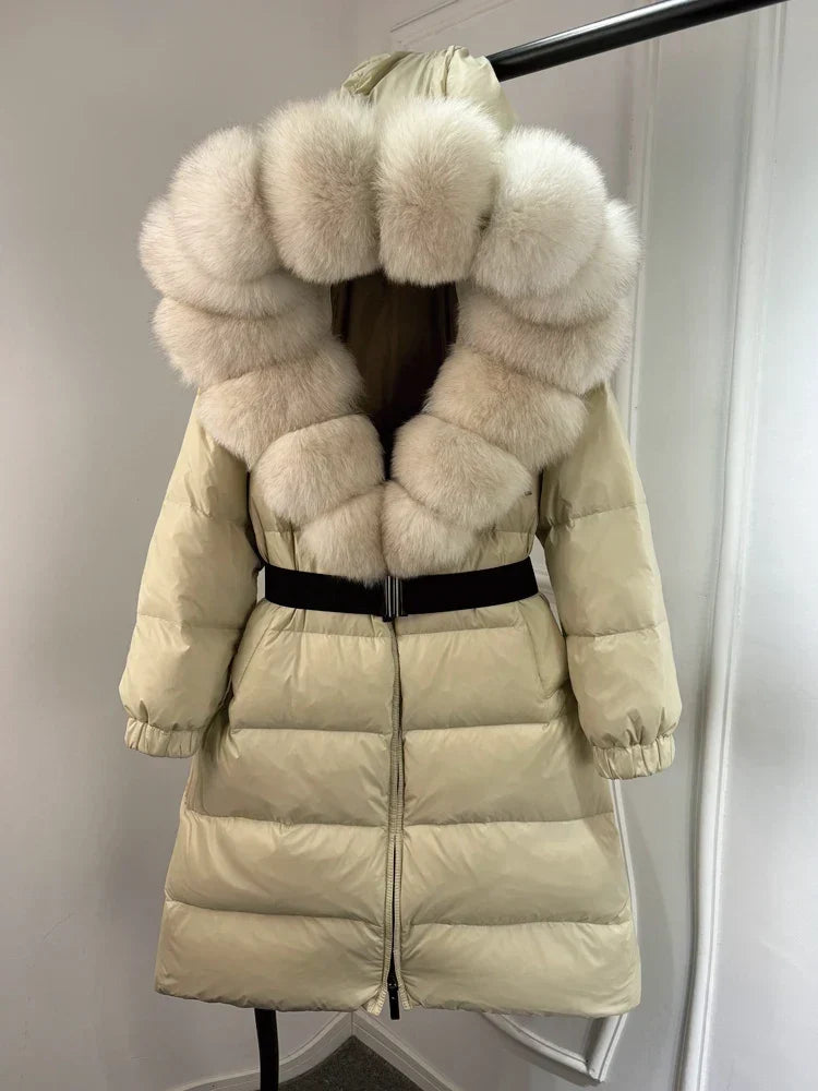 Langer Damenparka Ivy — 90 % weiße Entendaunen, Fuchspelzkragen