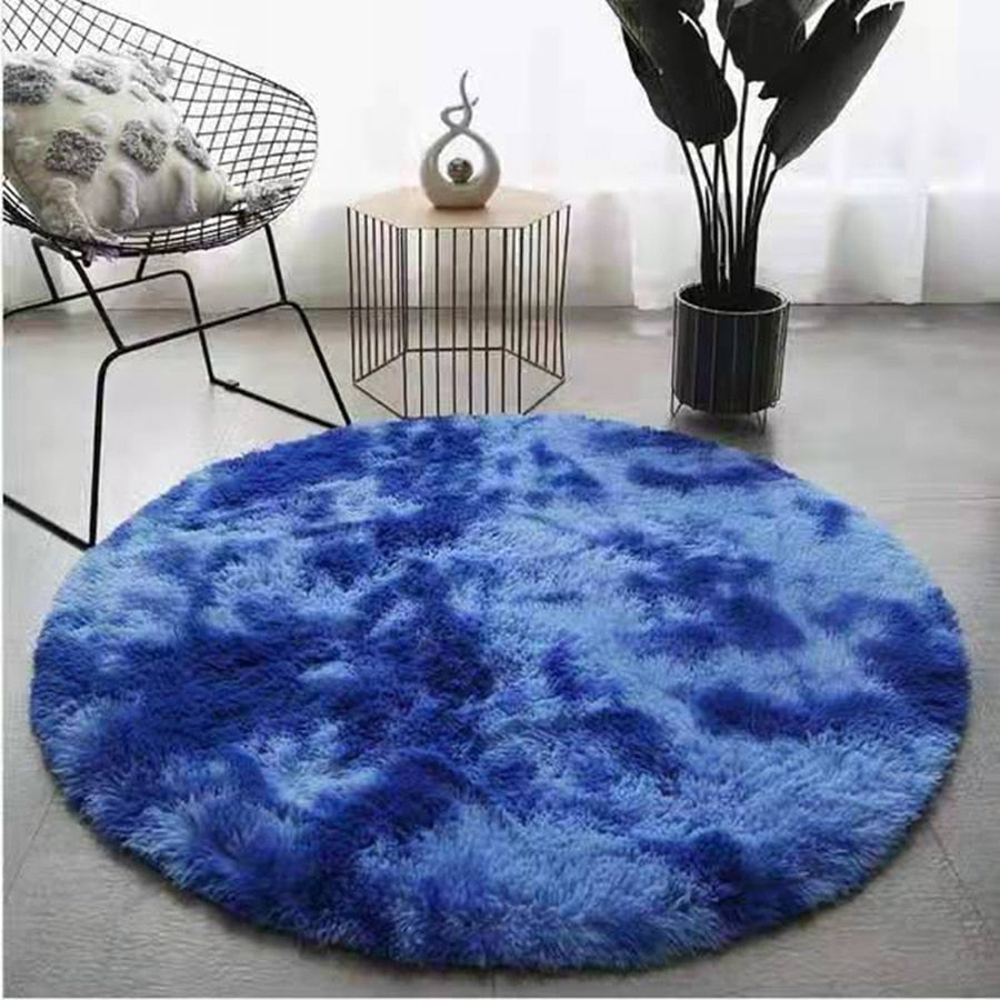 Soft Fluffy Sky Blue Round Shaggy Area Rug, Plush Texture