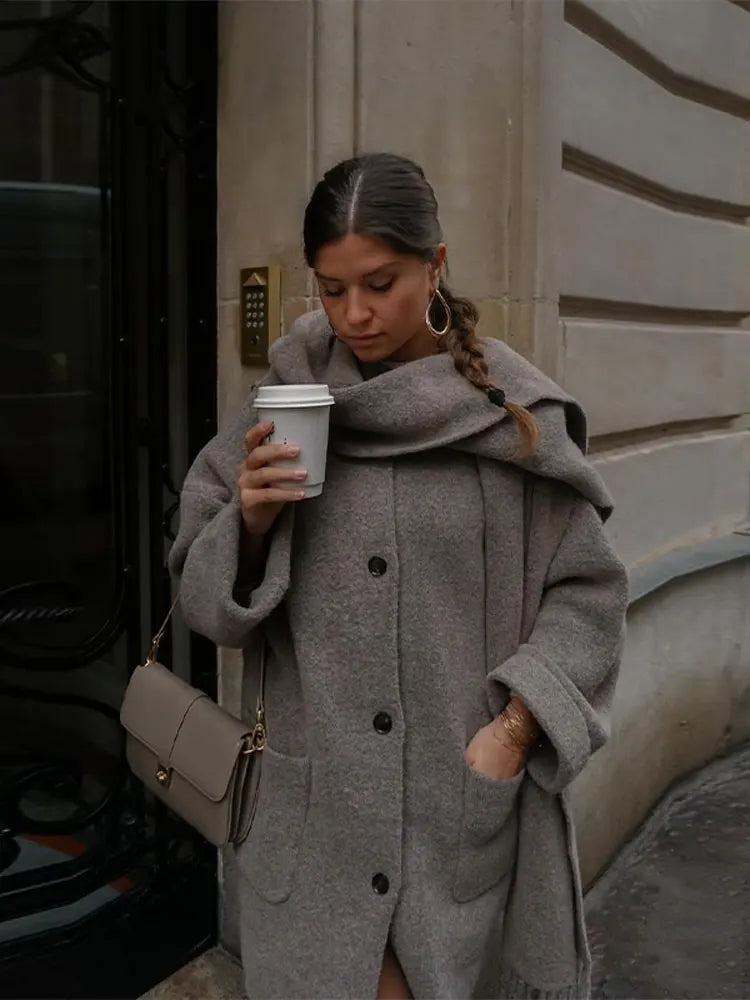 Luxury Woolen Chic női gyapjúkabát-szett sállal
