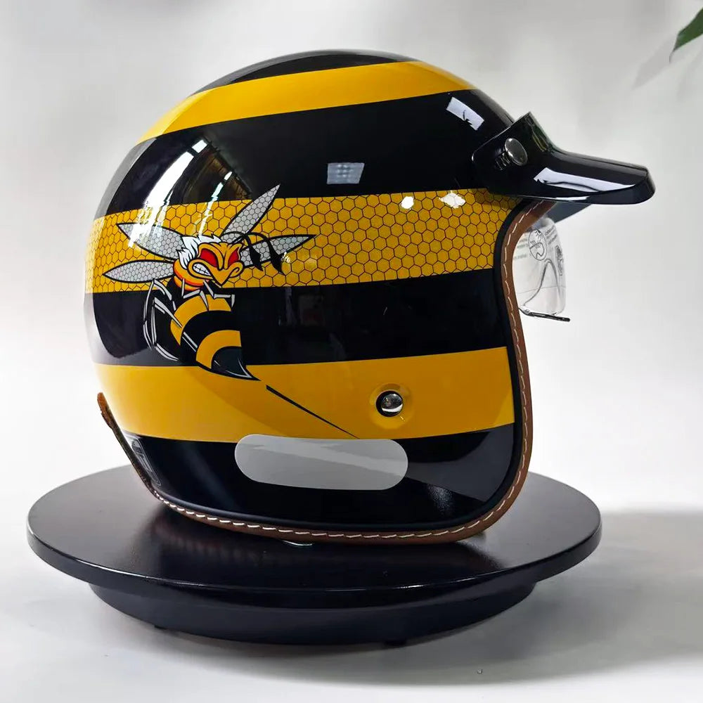 Retro Bee Open Face Motorcycle Helmet — Retractable Built-In Visor