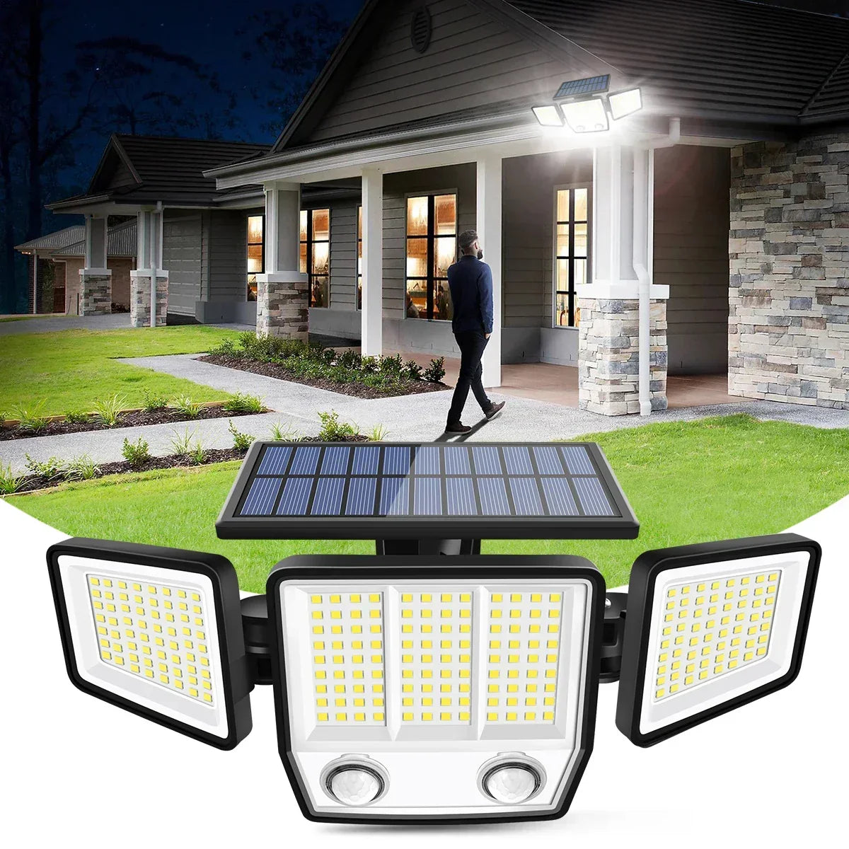 Lampă solară de exterior cu 3 capete și senzor de mișcare, unghi larg de 270°, impermeabilă