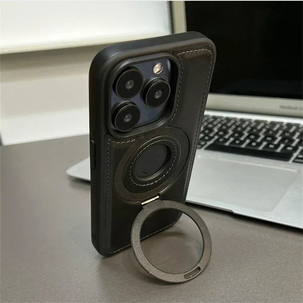 Capa premium de couro para telemóvel MagSafe — suporte de anel rebatível