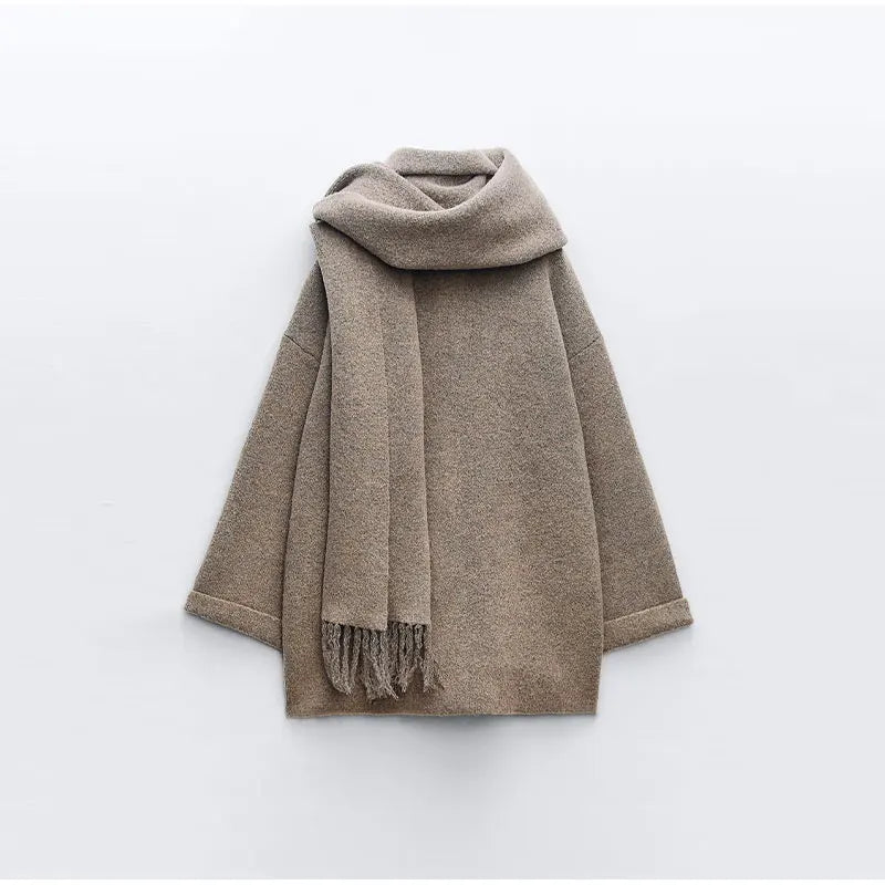Luxury Woolen Chic női gyapjúkabát-szett sállal
