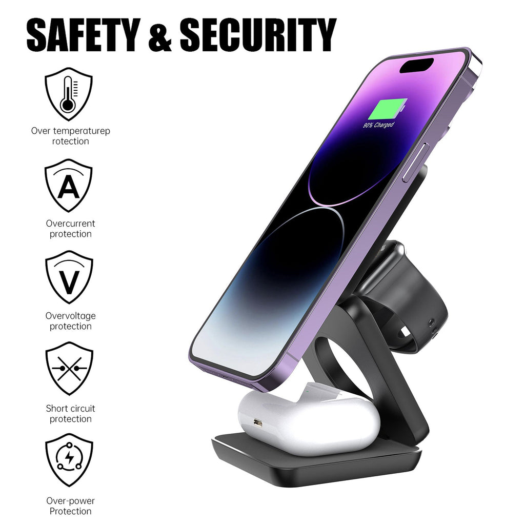 Smukła, magnetyczna, składana ładowarka bezprzewodowa, kompaktowa podstawka, kompatybilna z iPhone’em i AirPodsami