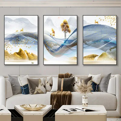 Cuadro mural nórdico abstracto dorado de ciervos, 3 piezas — Impresiones sobre lienzo