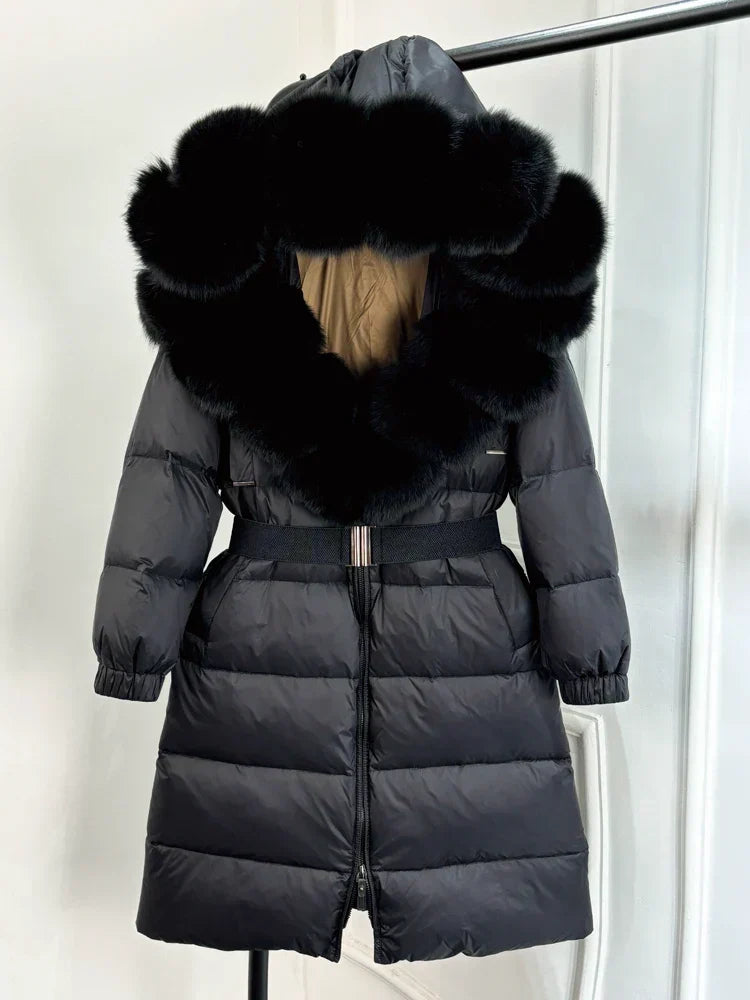 Langer Damenparka Ivy — 90 % weiße Entendaunen, Fuchspelzkragen