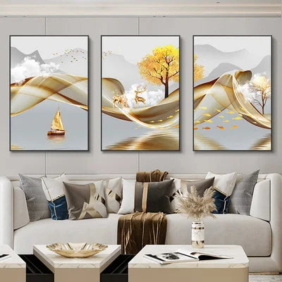 Cuadro mural nórdico abstracto dorado de ciervos, 3 piezas — Impresiones sobre lienzo