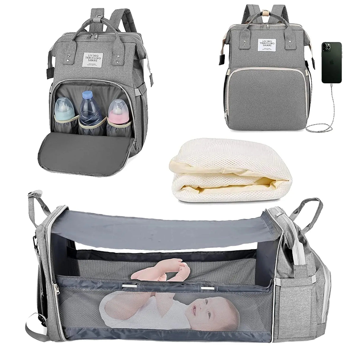 BabyNest Bag 3-in-1 Diaper Bag — Portable Baby Bed, USB Port