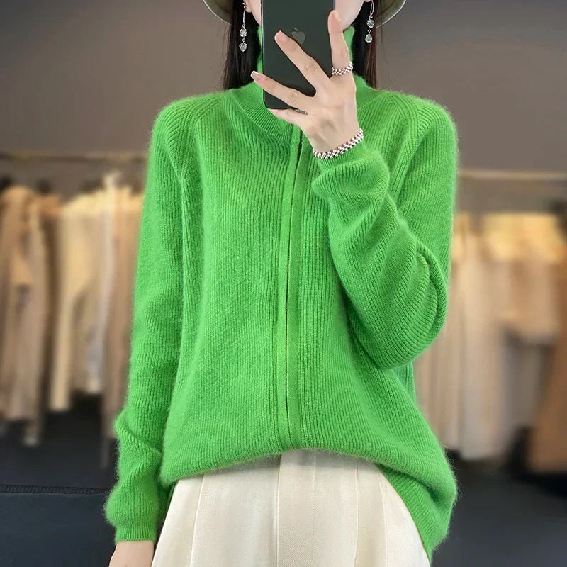 Elena-Cardigan aus 100 % Kaschmir mit Reißverschluss - locker geschnittener koreanischer Pullover