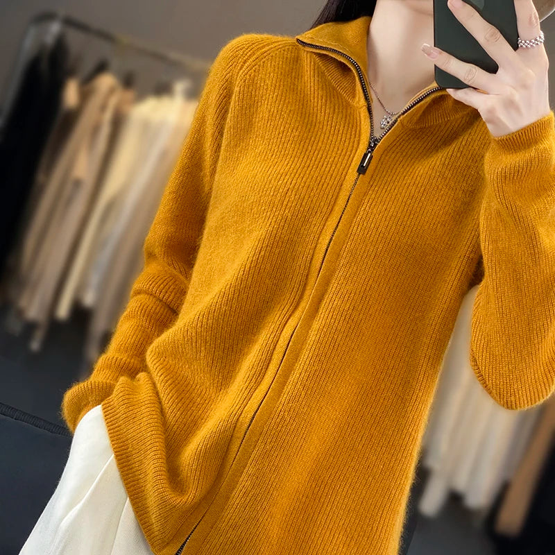 Elena-Cardigan aus 100 % Kaschmir mit Reißverschluss - locker geschnittener koreanischer Pullover