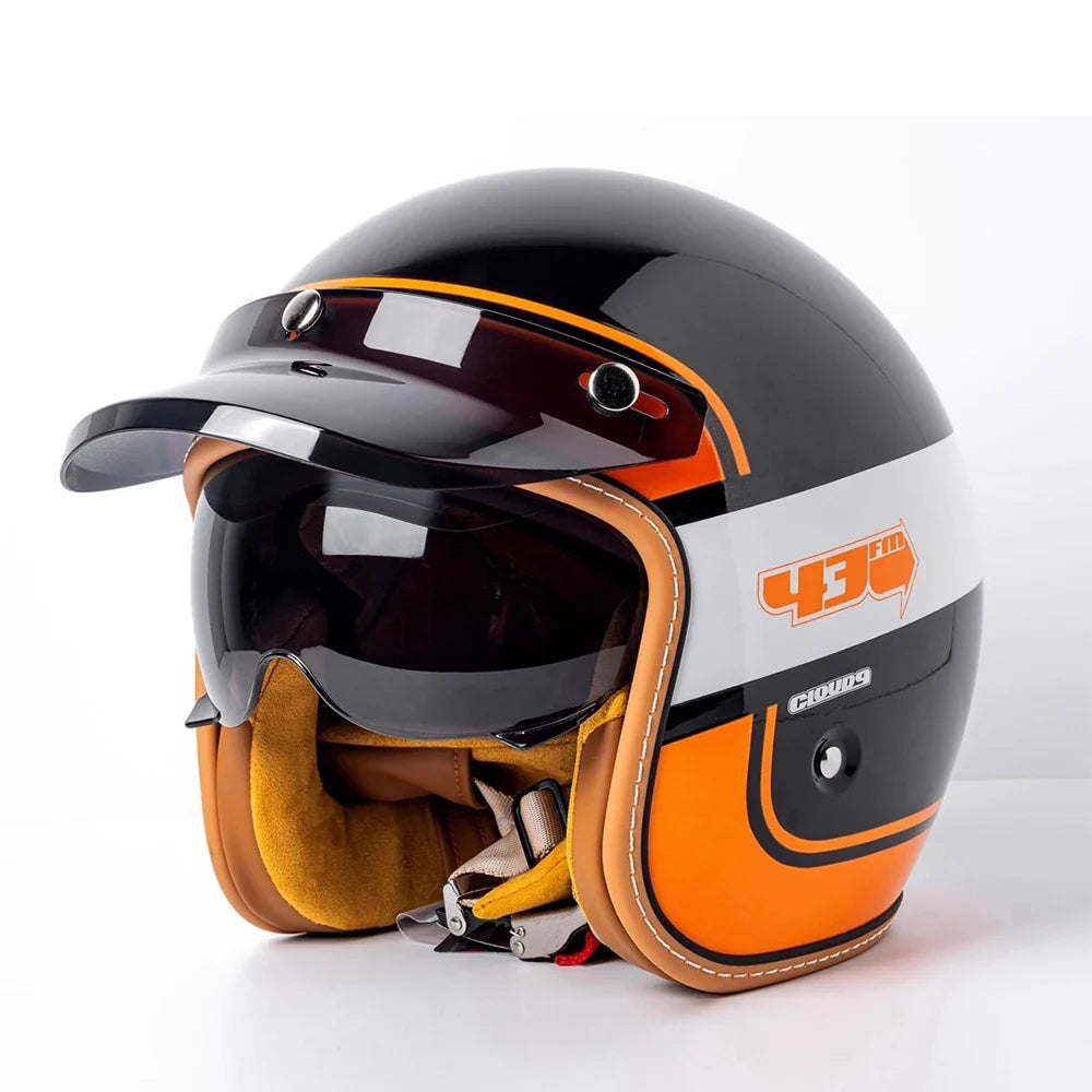 Retro Bee Open Face Motorcycle Helmet — Retractable Built-In Visor