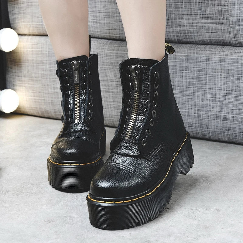 Women’s Genuine Leather Platform Boots, Front Zipper, Optical Soles