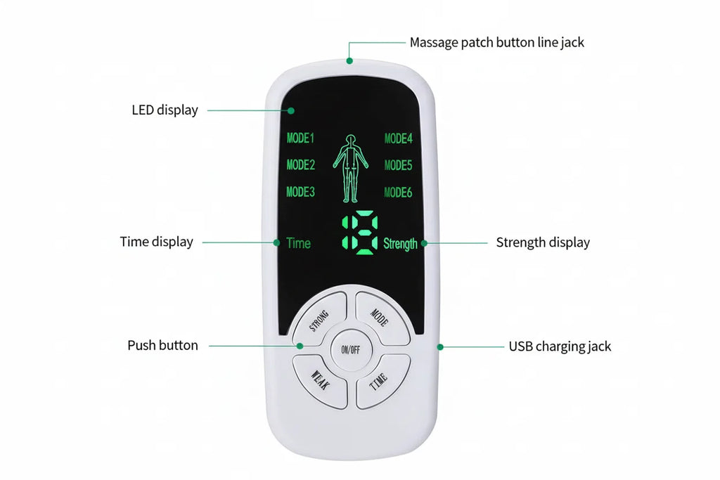 Compact Pulse Massager TENS Stimulator — Six Modes, Ten Intensity Levels, Large LCD Display