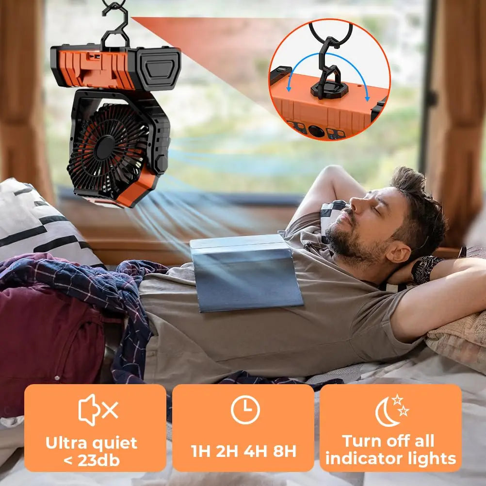 Wiederaufladbarer Campingventilator mit 20000mAh — LED-Licht, USB-Powerbank