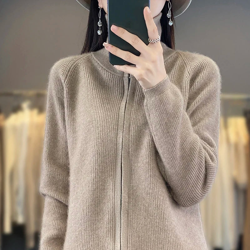 Elena-Cardigan aus 100 % Kaschmir mit Reißverschluss - locker geschnittener koreanischer Pullover