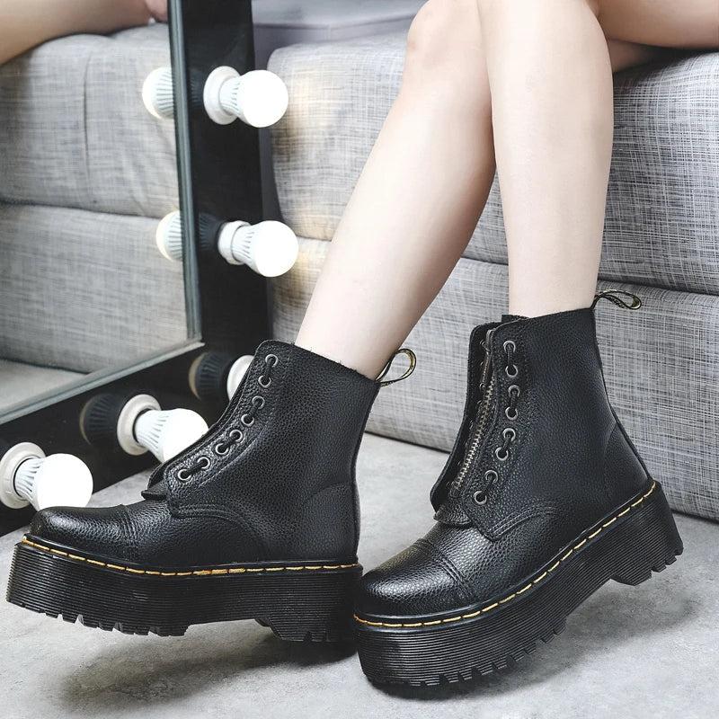Women’s Genuine Leather Platform Boots, Front Zipper, Optical Soles