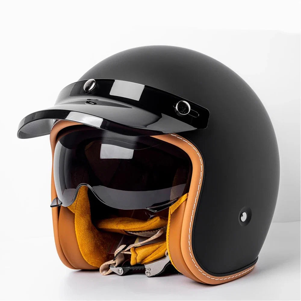 Retro Bee Open Face Motorcycle Helmet — Retractable Built-In Visor