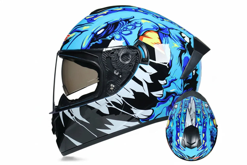 Full-Face Racing Motorcycle Helmet — Integrated Dual Visor System