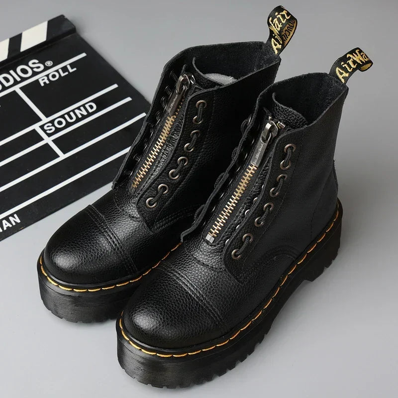 Women’s Genuine Leather Platform Boots, Front Zipper, Optical Soles
