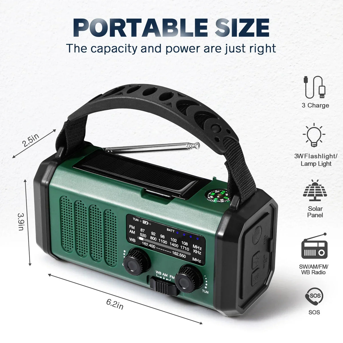 10000mAh-zonneradio met handslinger — NOAA, zaklamp en powerbank