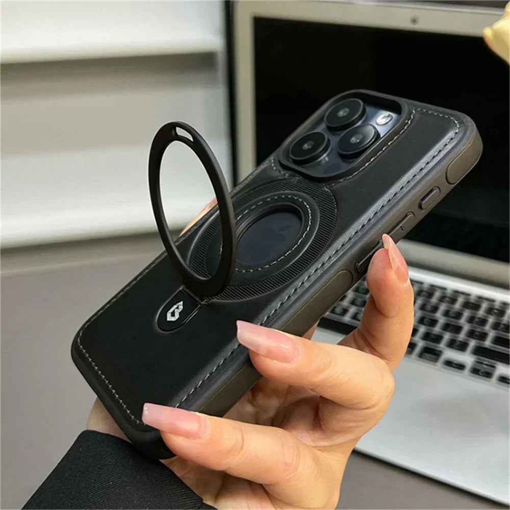 Capa premium de couro para telemóvel MagSafe — suporte de anel rebatível