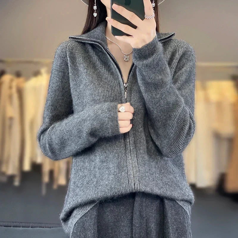 Elena-Cardigan aus 100 % Kaschmir mit Reißverschluss - locker geschnittener koreanischer Pullover