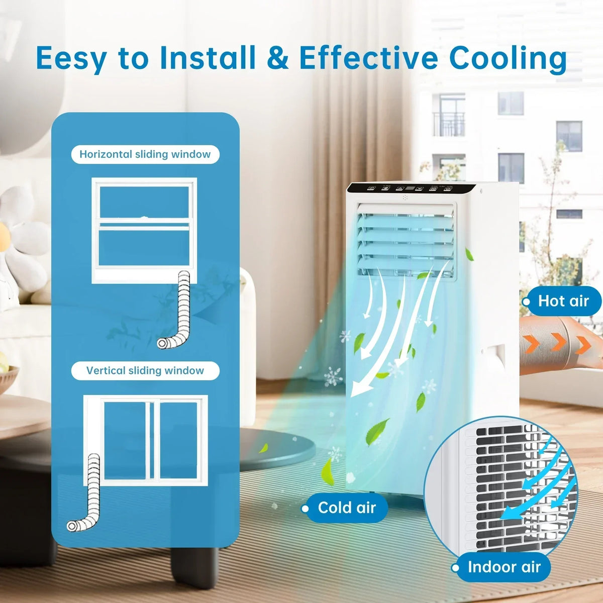 Aire acondicionado portátil de 7000BTU 4 en 1 — ventilador, modo de sueño, kit para ventana
