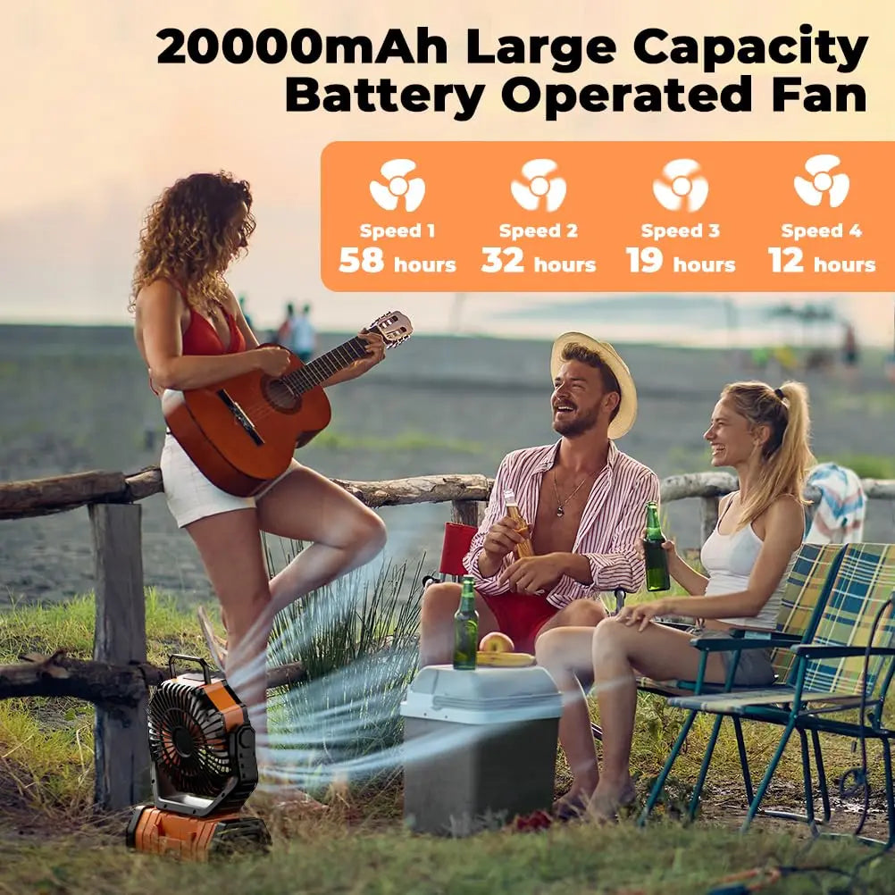 Wiederaufladbarer Campingventilator mit 20000mAh — LED-Licht, USB-Powerbank