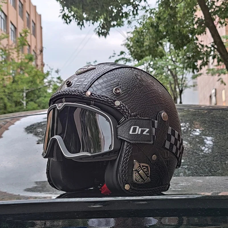 Open Face Motorcycle Helmet — Vintage PU Leather, DOT Approved