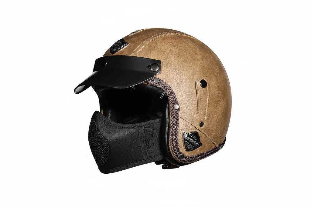 Open Face Motorcycle Helmet — Vintage PU Leather, DOT Approved