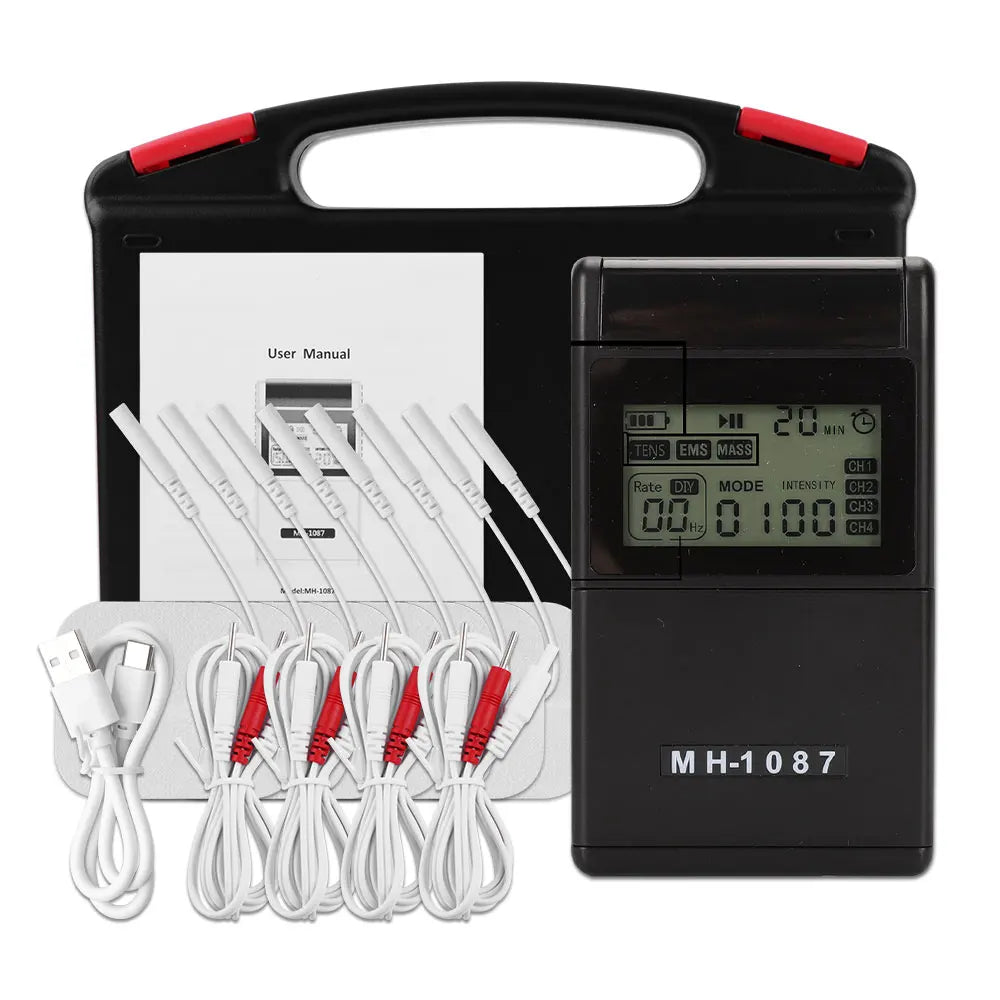 Eletroestimulador muscular TENS/EMS de canal duplo — intensidade ajustável, dois canais independentes, elétrodos adesivos