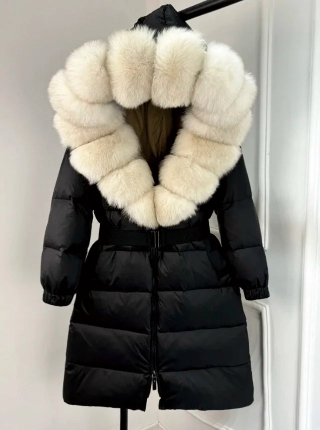 Langer Damenparka Ivy — 90 % weiße Entendaunen, Fuchspelzkragen