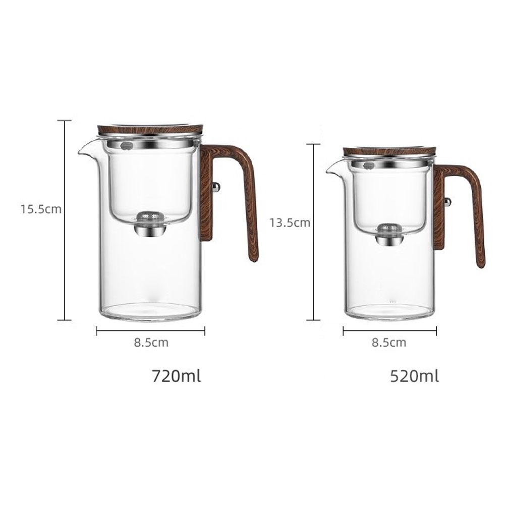 Tekanna i glas med teinfusionssil — magnetiskt filter med ett klick, trähandtag