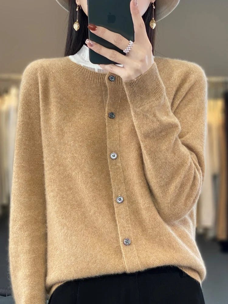 Damen-Strickcardigan aus 100 % Merinowolle mit Rundhalsausschnitt für den Frühling