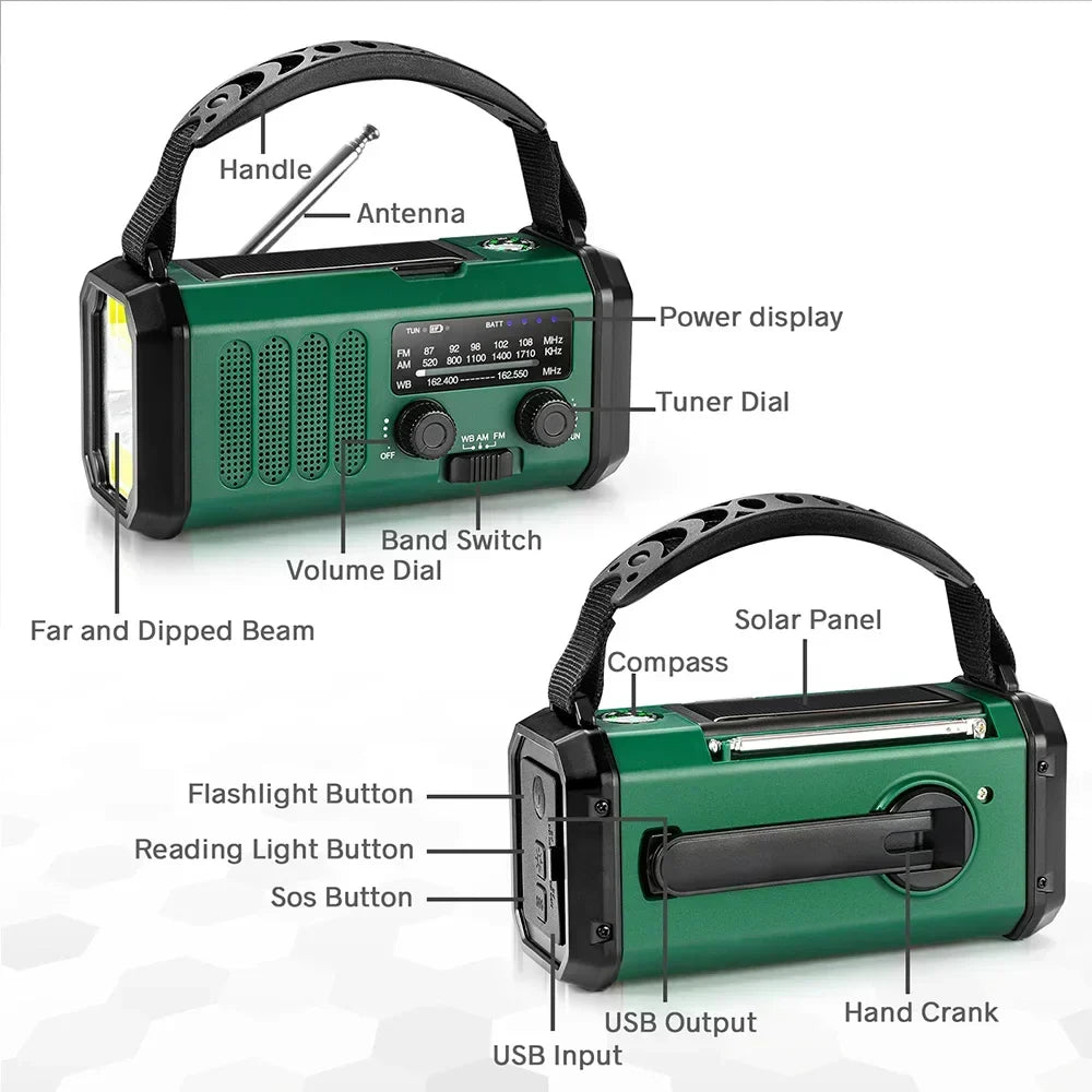 10000mAh-zonneradio met handslinger — NOAA, zaklamp en powerbank
