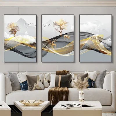 Cuadro mural nórdico abstracto dorado de ciervos, 3 piezas — Impresiones sobre lienzo