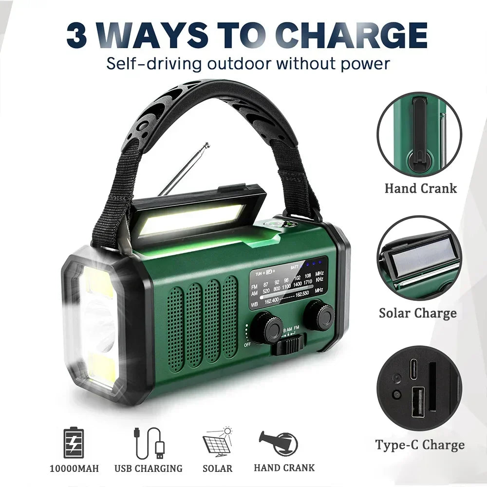 10000mAh-zonneradio met handslinger — NOAA, zaklamp en powerbank