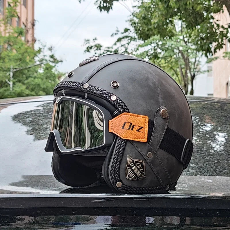 Open Face Motorcycle Helmet — Vintage PU Leather, DOT Approved