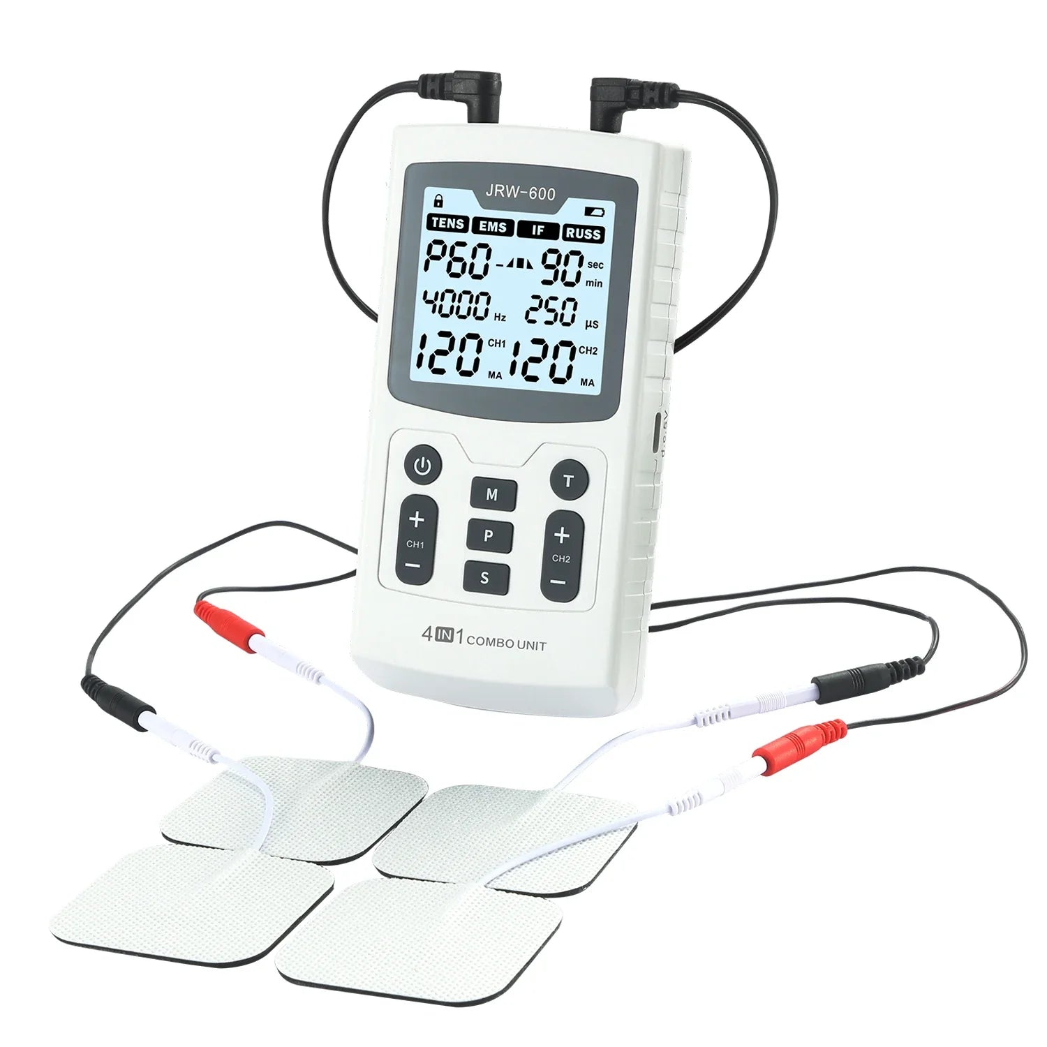 4-in-1 マルチモード治療器 — TENS、EMS、IFC、ロシアン刺激 | 強度120段階、プログラム60種