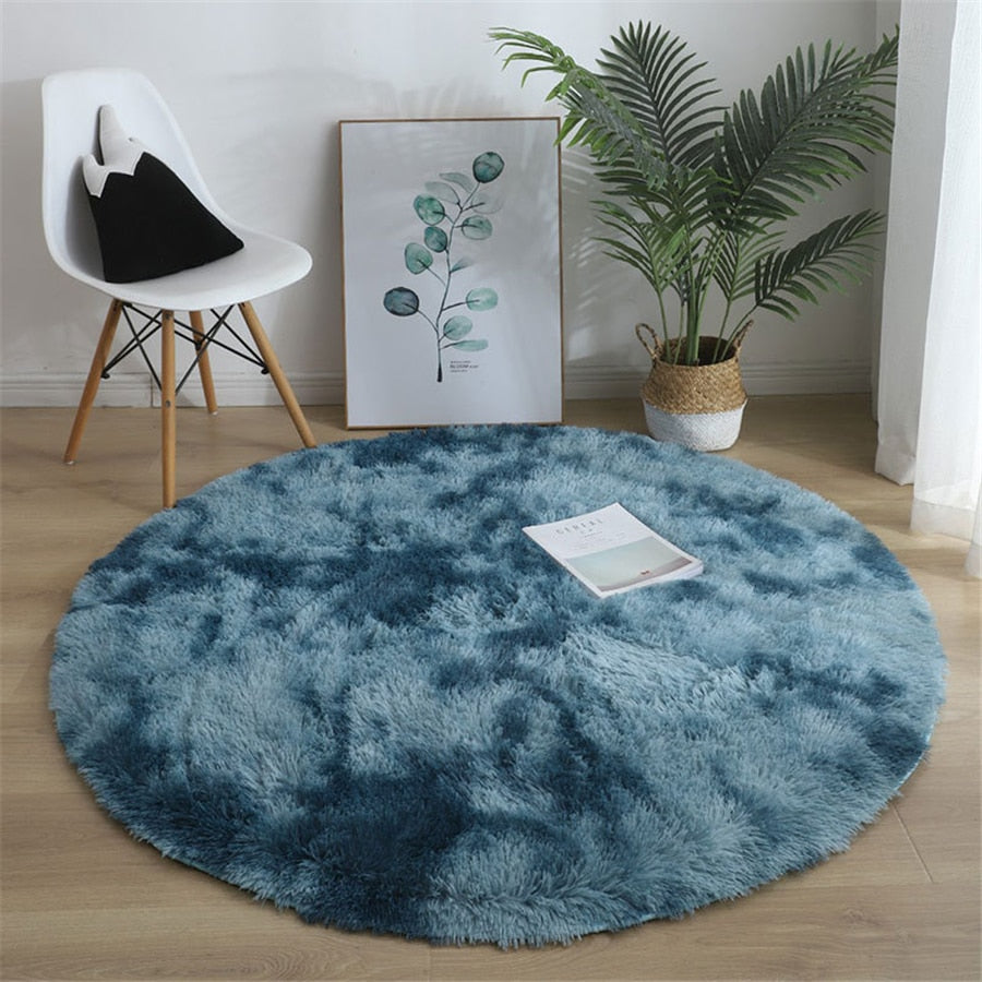 Soft Fluffy Sky Blue Round Shaggy Area Rug, Plush Texture