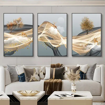 Cuadro mural nórdico abstracto dorado de ciervos, 3 piezas — Impresiones sobre lienzo
