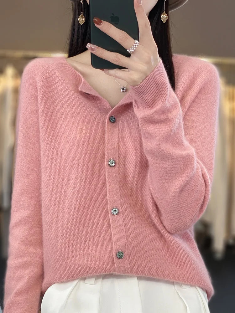 Damen-Strickcardigan aus 100 % Merinowolle mit Rundhalsausschnitt für den Frühling