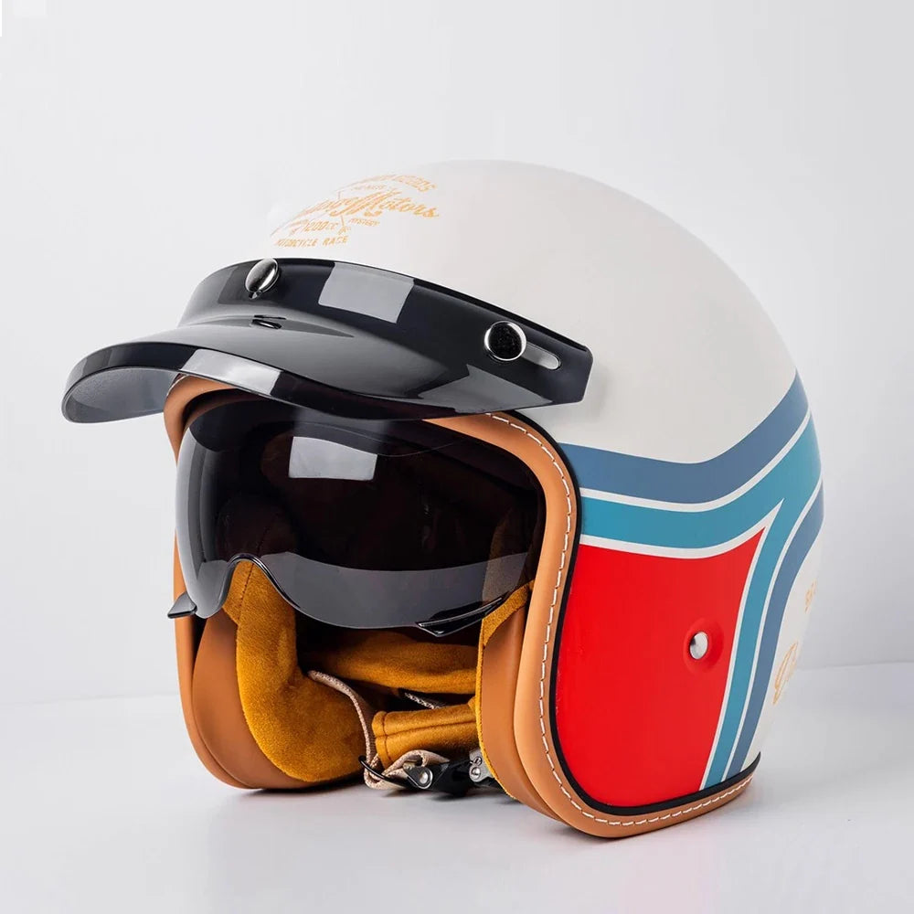 Retro Bee Open Face Motorcycle Helmet — Retractable Built-In Visor