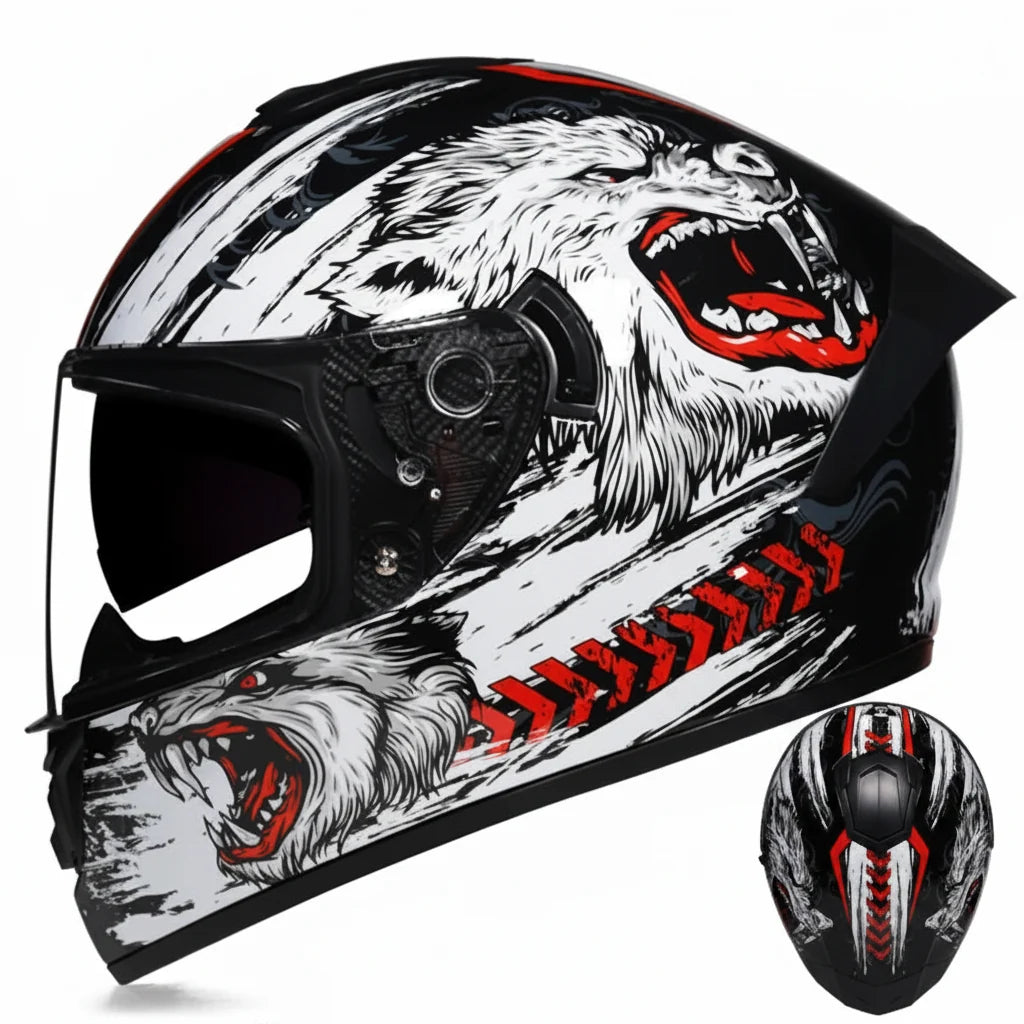 Full-Face Racing Motorcycle Helmet — Integrated Dual Visor System