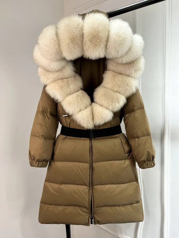 Langer Damenparka Ivy — 90 % weiße Entendaunen, Fuchspelzkragen