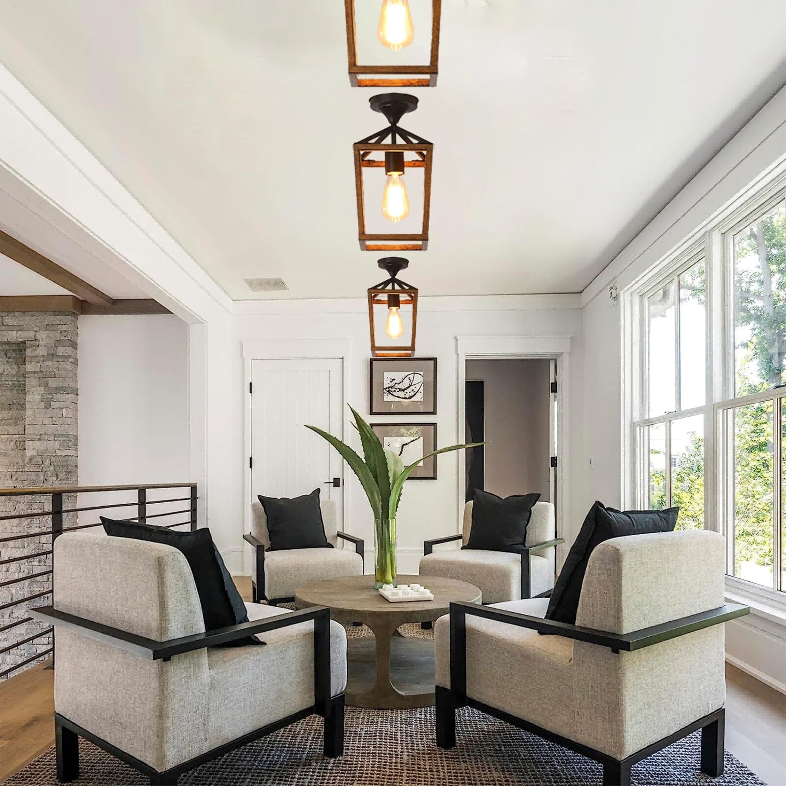 Ridgewood Rustic Ceiling Lights In Metal With Wood Grain Finish