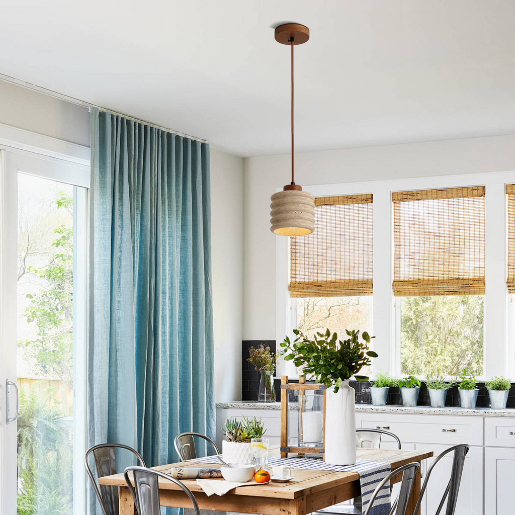 Modern Yellow Pendant Light - Travertine & Wood Ceiling Lamp for Dining Area - Flindria